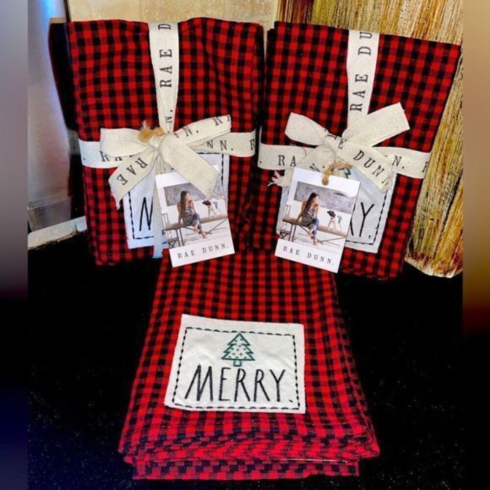 Rae Dunn Black & Red Checkered MERRY with Christmas Tree Set of 4 Cotton Napkins